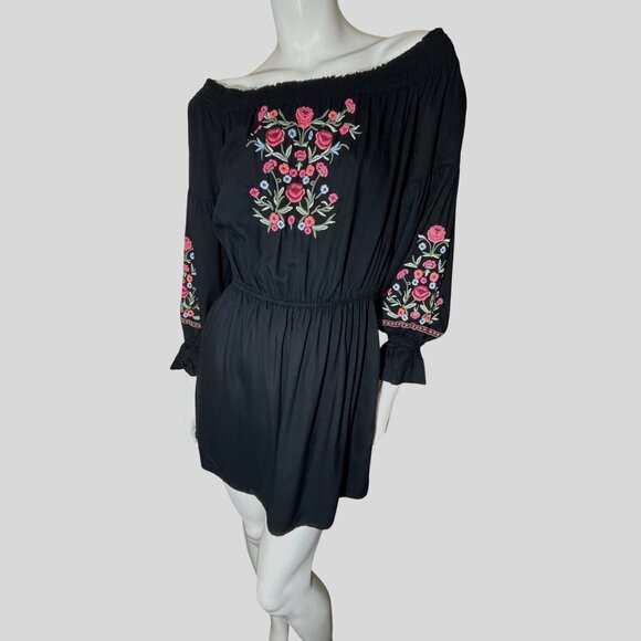 Hollister Medium Black Mini‎ Dress With Floral Embroidery & Elastic Waist Bell M - Picture 9 of 16